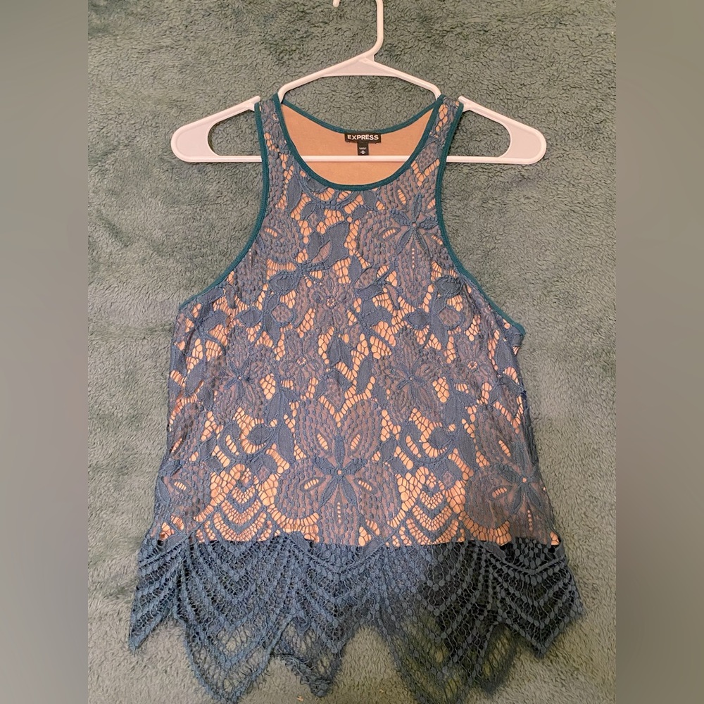 Express, green lace see through shirt with nude lining, medium